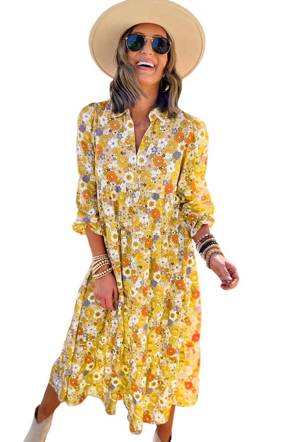 Multicolor Boho Floral Collared Long Sleeve Dress - The Fair Lady Shop