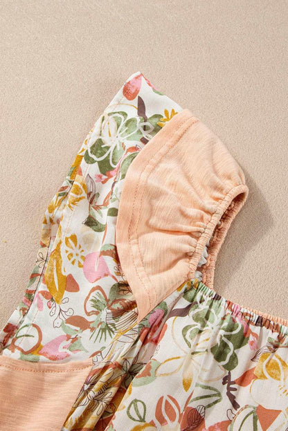 Apricot Pink Floral Print Square Neck Ruffle Sleeve Blouse - The Fair Lady Shop