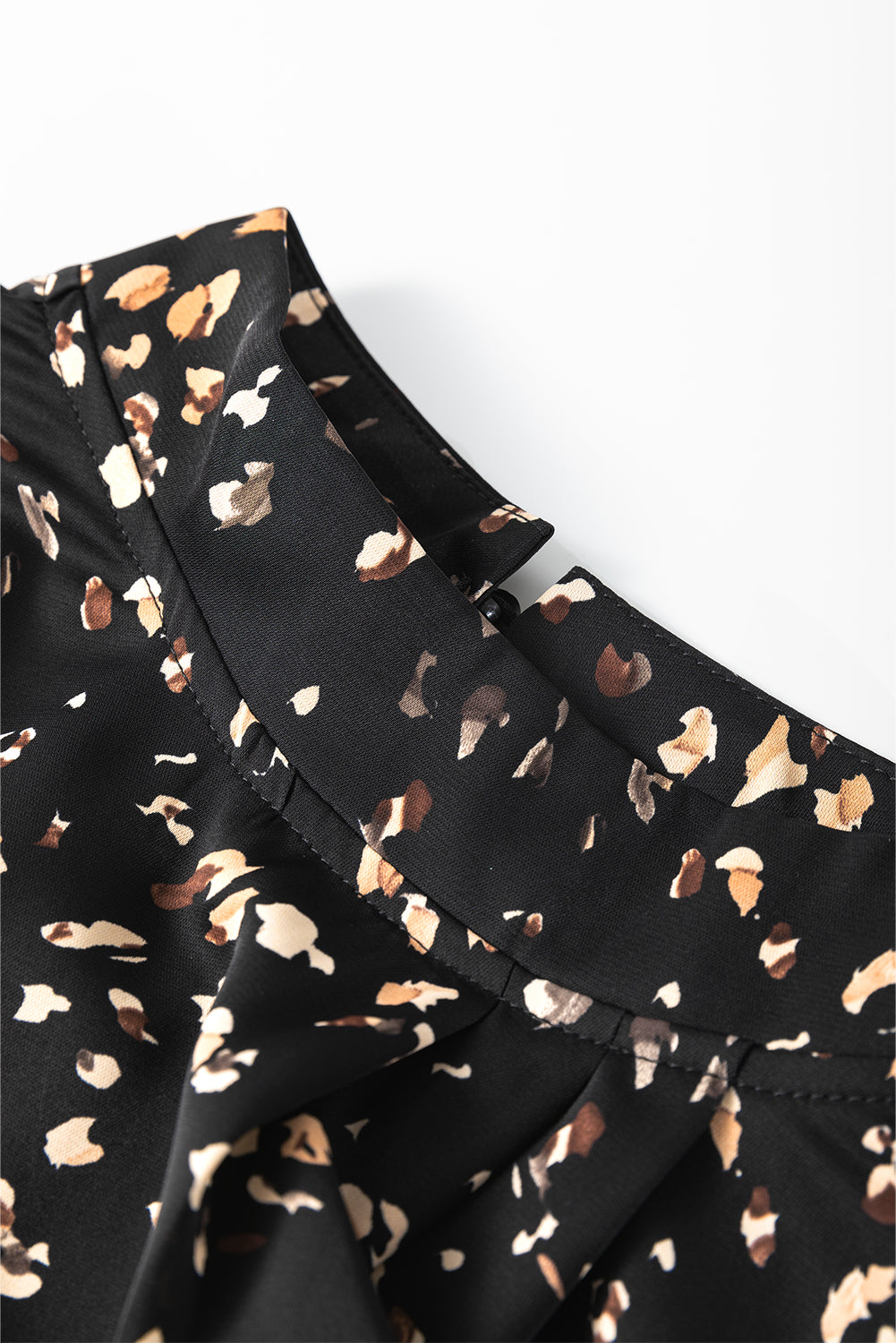 Black Leopard Print Puff Sleeve Mock Neck Pleated Blouse - The Fair Lady Shop