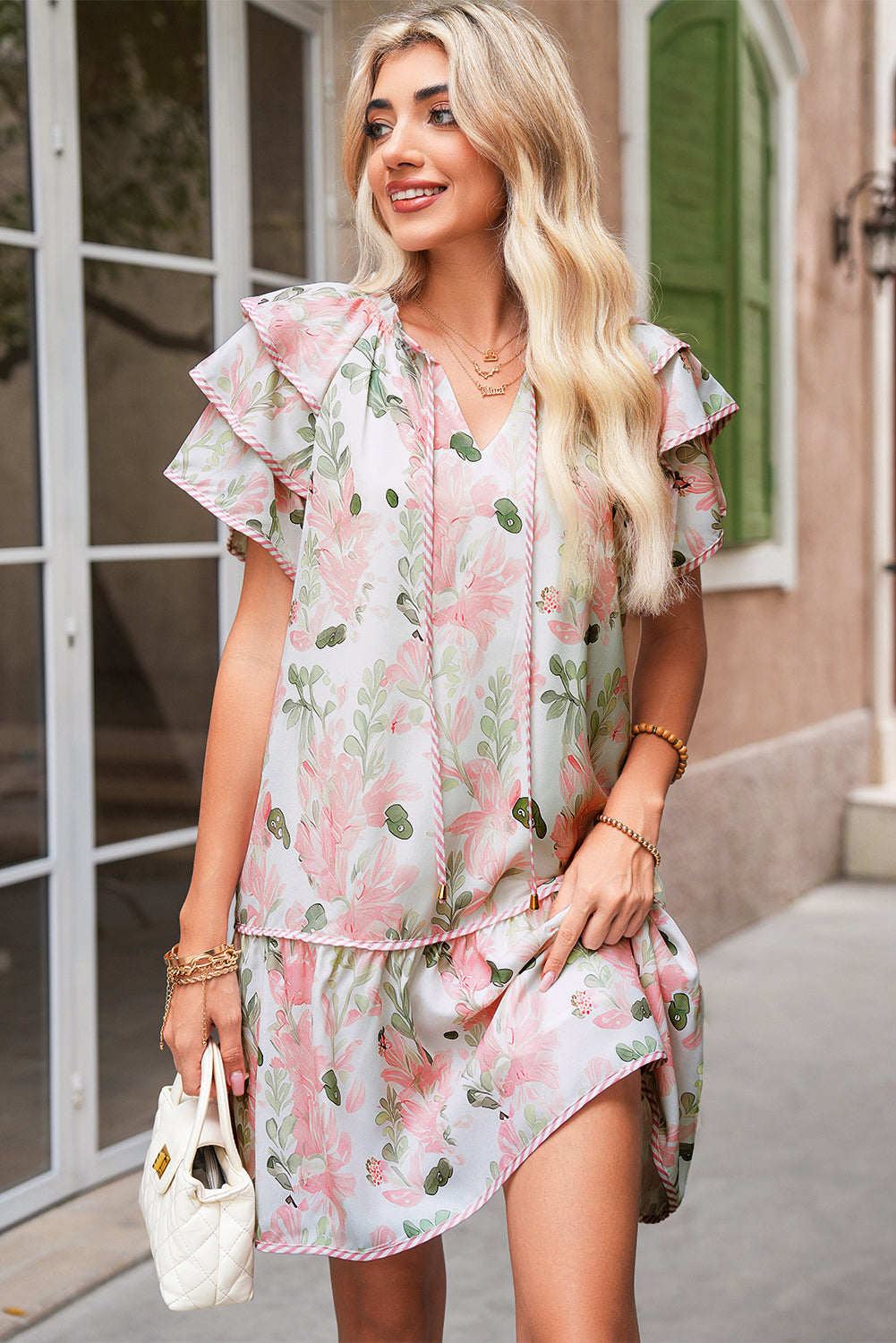 Pink Floral Contrast Edge Ruffle Sleeve Tie Neck Mini Dress - The Fair Lady Shop