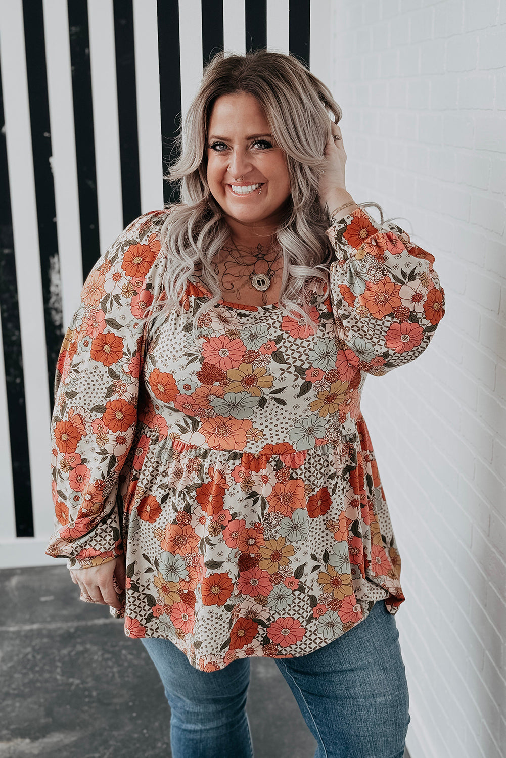 Khaki Plus Size Flower Print Square Neck Peplum Blouse - The Fair Lady Shop