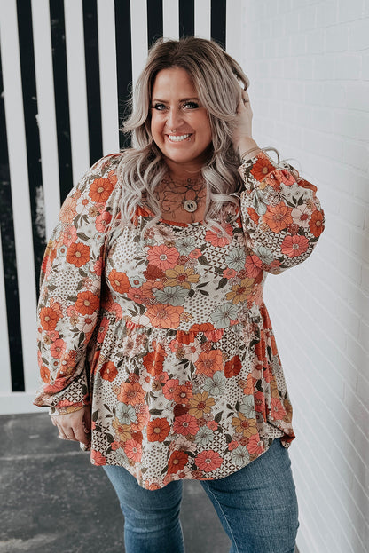 Khaki Plus Size Flower Print Square Neck Peplum Blouse - The Fair Lady Shop