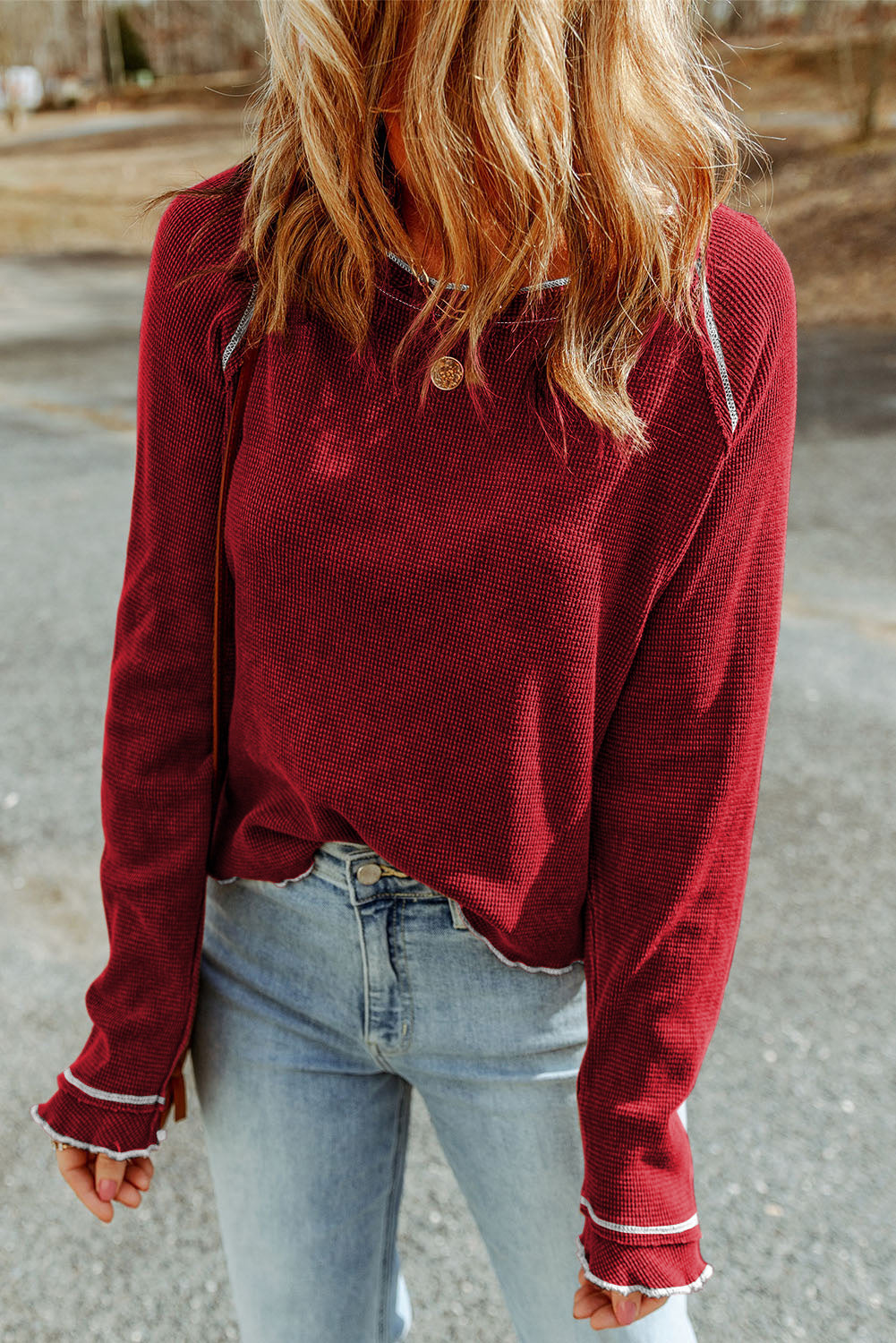 Red Exposed Seam Textured Pullover Long Sleeve Top - The Fair Lady Shop