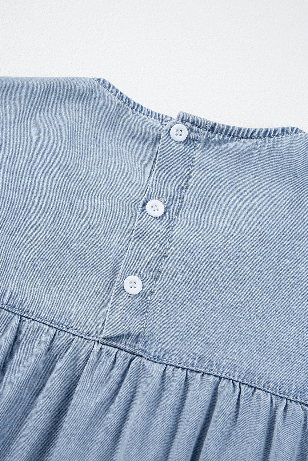 Beau Blue Ruffle Short Sleeve Tiered A-line Denim Dress - The Fair Lady Shop