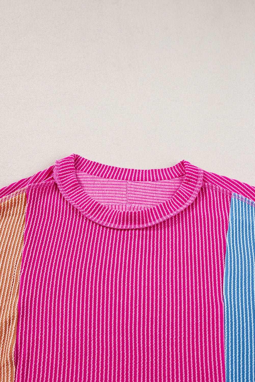 Apricot Pink Colorblock Ribbed Round Neck T Shirt - The Fair Lady Shop