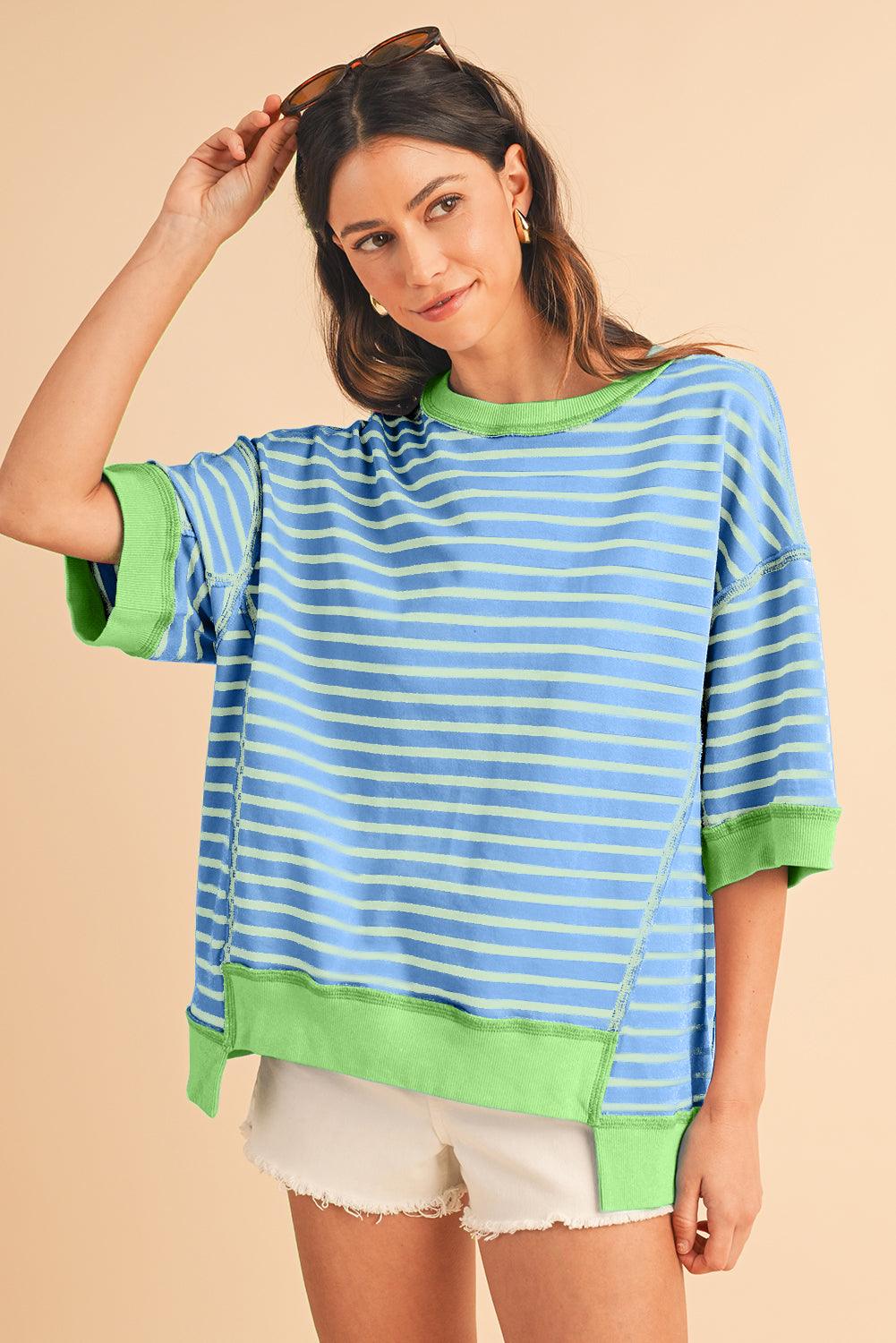 Pink Stripe Colorblock Drop Sleeve Oversized T Shirt - The Fair Lady Shop