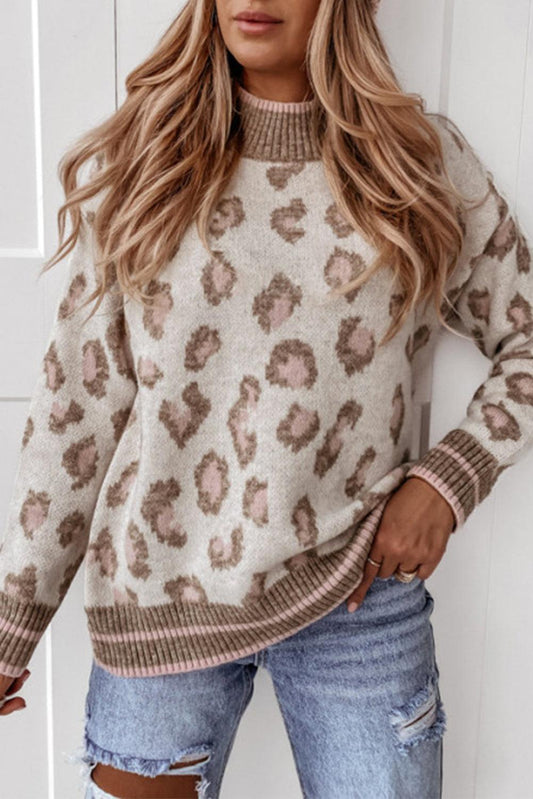 Brown Two-tone Ribbed Trim Contrast Leopard Sweater - The Fair Lady Shop