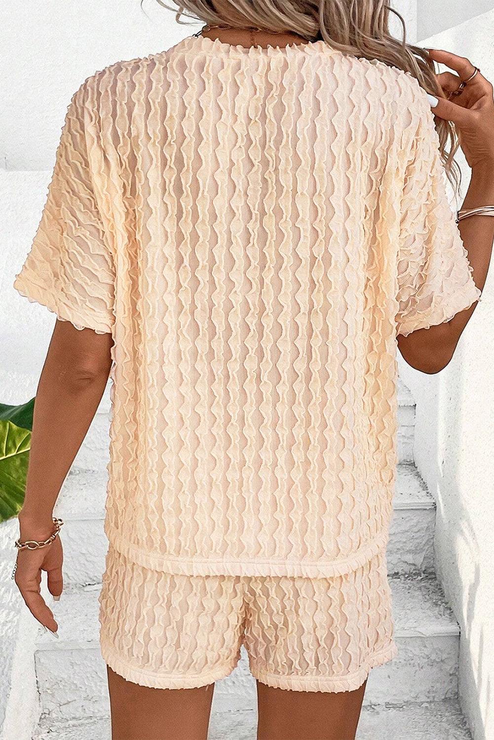 Beige Frill Textured Tee and Drawstring Shorts Set - The Fair Lady Shop