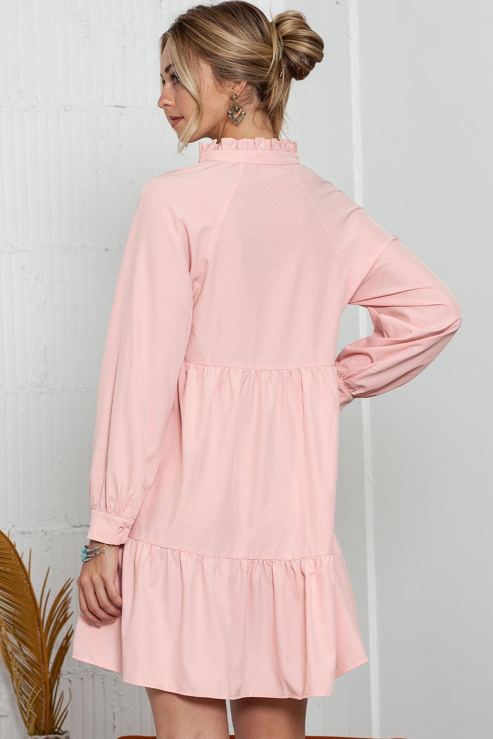 Pink Casual Stand V Neck Short Frill Dress - The Fair Lady Shop