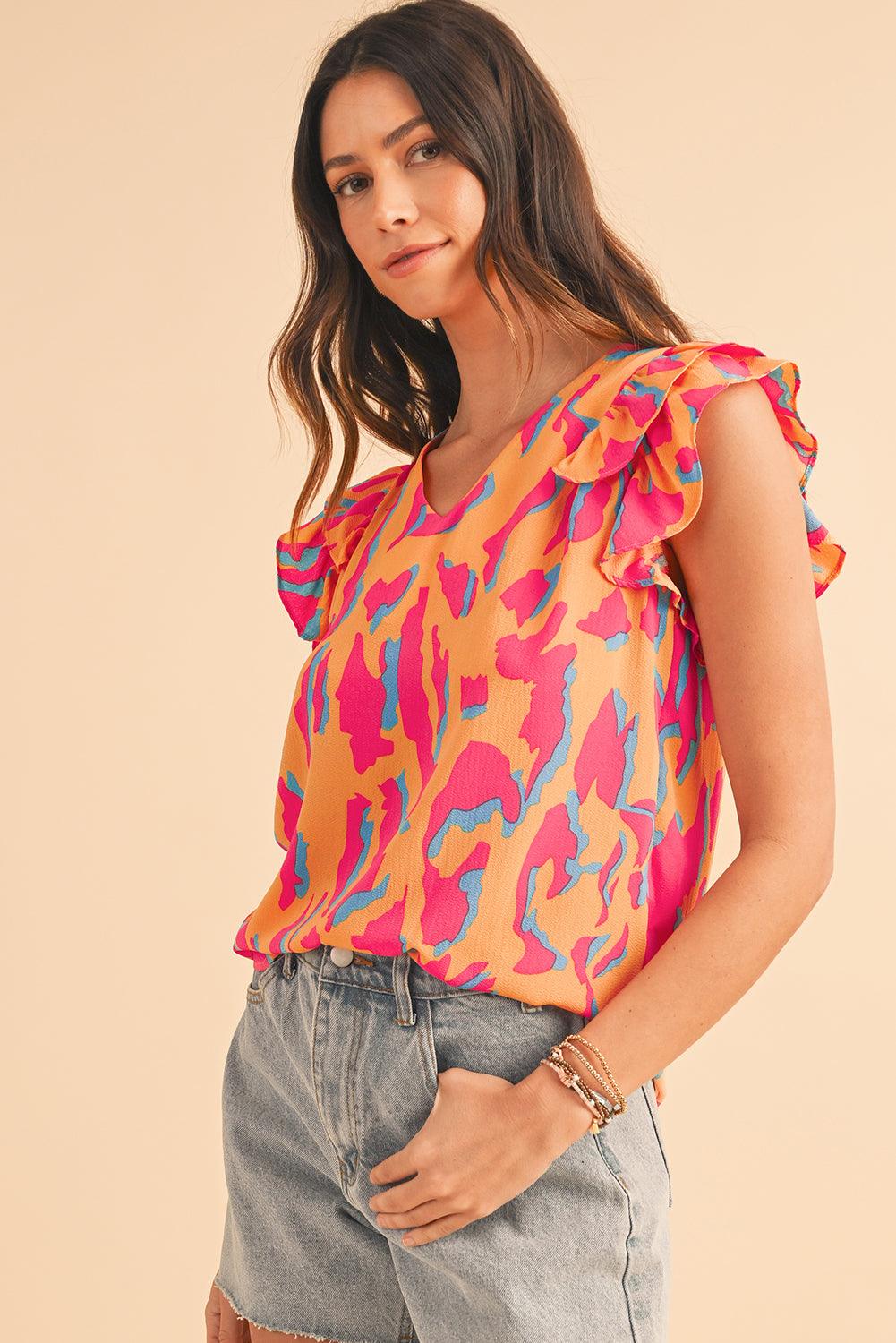 Orange Abstract Print V Neck Ruffled Sleeve Blouse - The Fair Lady Shop