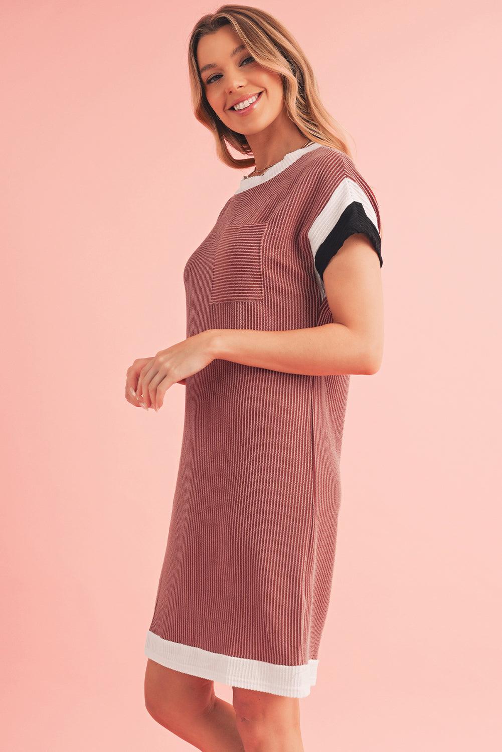 Light French Beige Rib Textured Colorblock Pocket T Shirt Dress - The Fair Lady Shop
