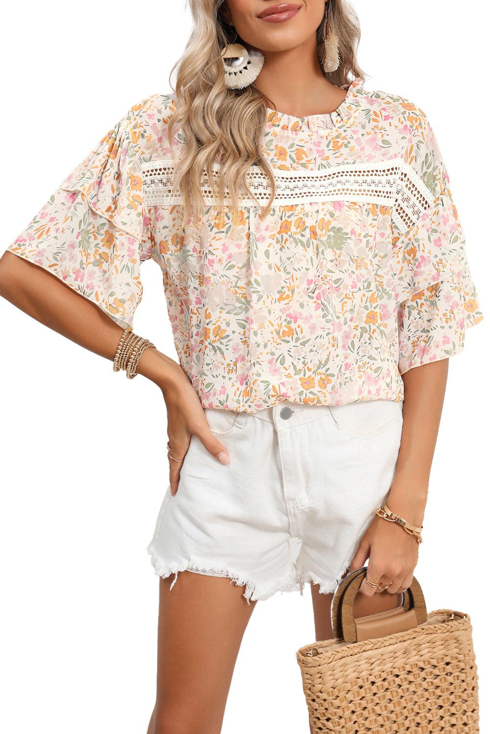 Multicolor Floral Print Wide Batwing Sleeves Blouse - The Fair Lady Shop