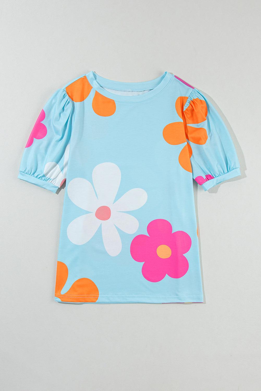 Apricot Colorful Flower Print Bubble Sleeve Tee - The Fair Lady Shop