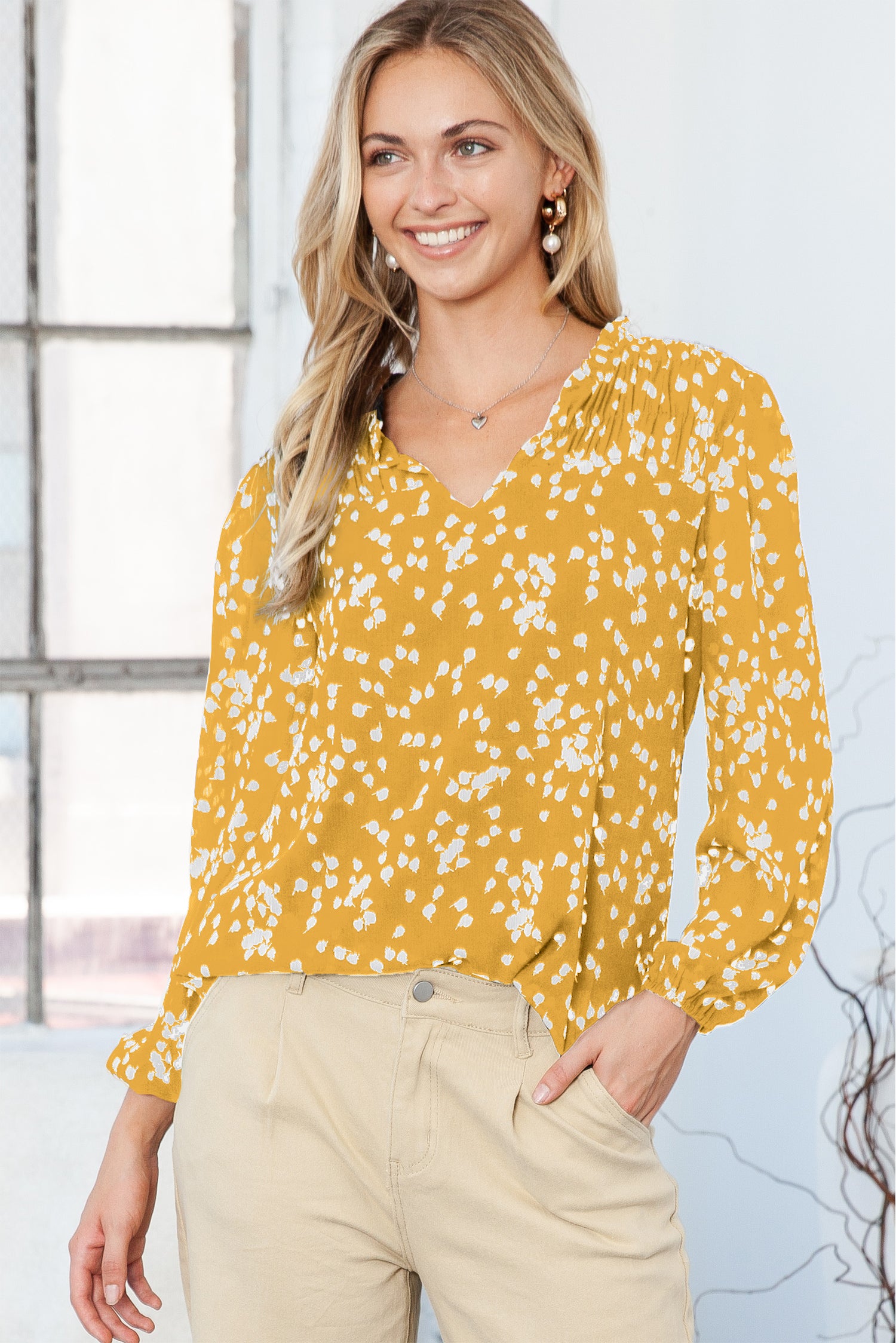 Yellow Frill Split V Neck Boho Crinkled Blouse - The Fair Lady Shop