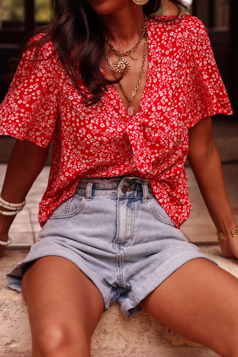 Red Boho Floral Print Half Sleeve Knotted V Neck Blouse - The Fair Lady Shop