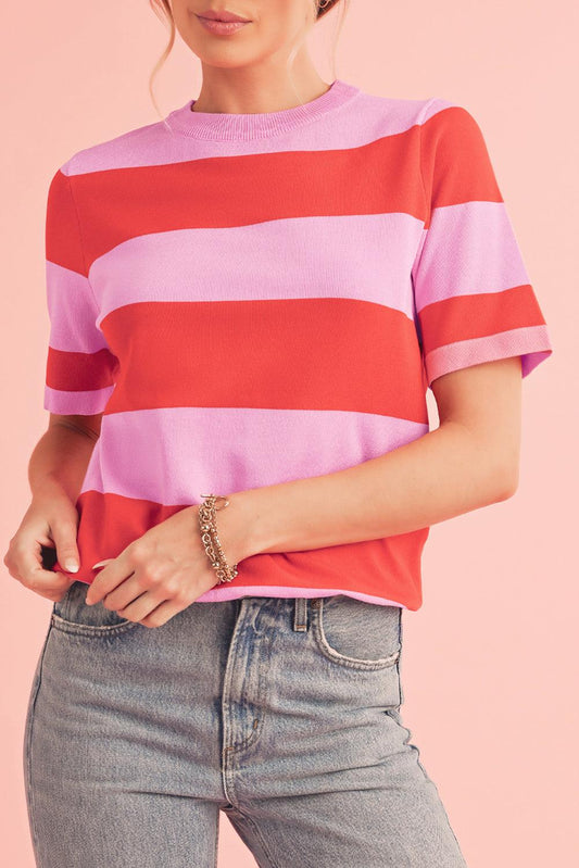 Bright Pink Colorblock Knitted Round Neck T Shirt - The Fair Lady Shop