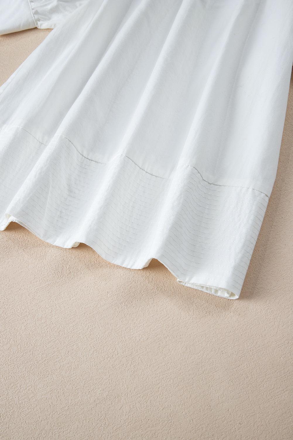 White Solid Color Ruched Bubble Sleeve V Neck Shirt - The Fair Lady Shop