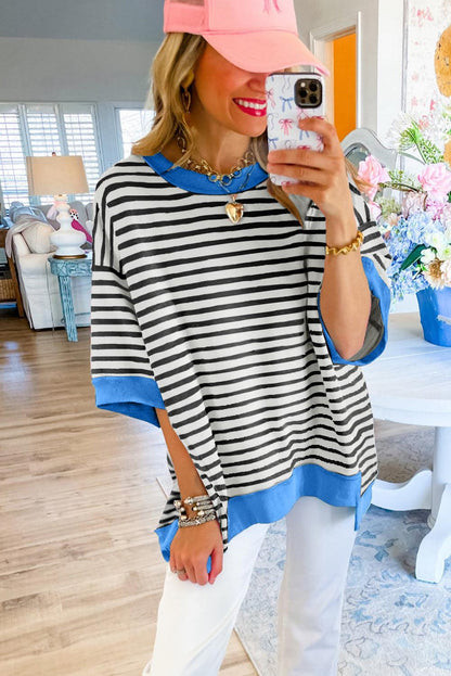 Pink Stripe Colorblock Drop Sleeve Oversized T Shirt - The Fair Lady Shop