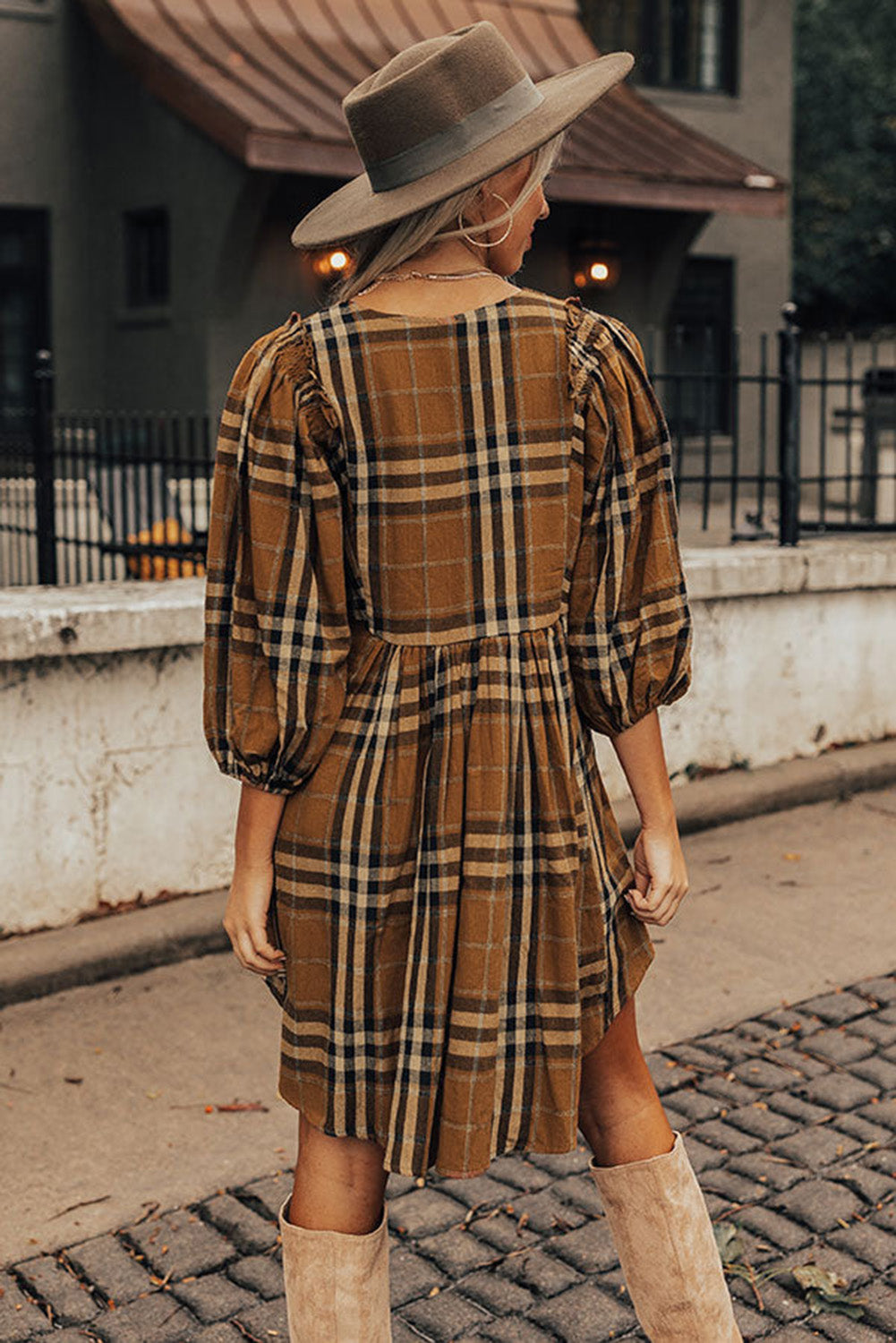 Brown Plaid Pattern Empire Waist Babydoll Dress - The Fair Lady Shop