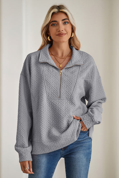 Gray Textured Half Zipper Collared Sweatshirt - The Fair Lady Shop