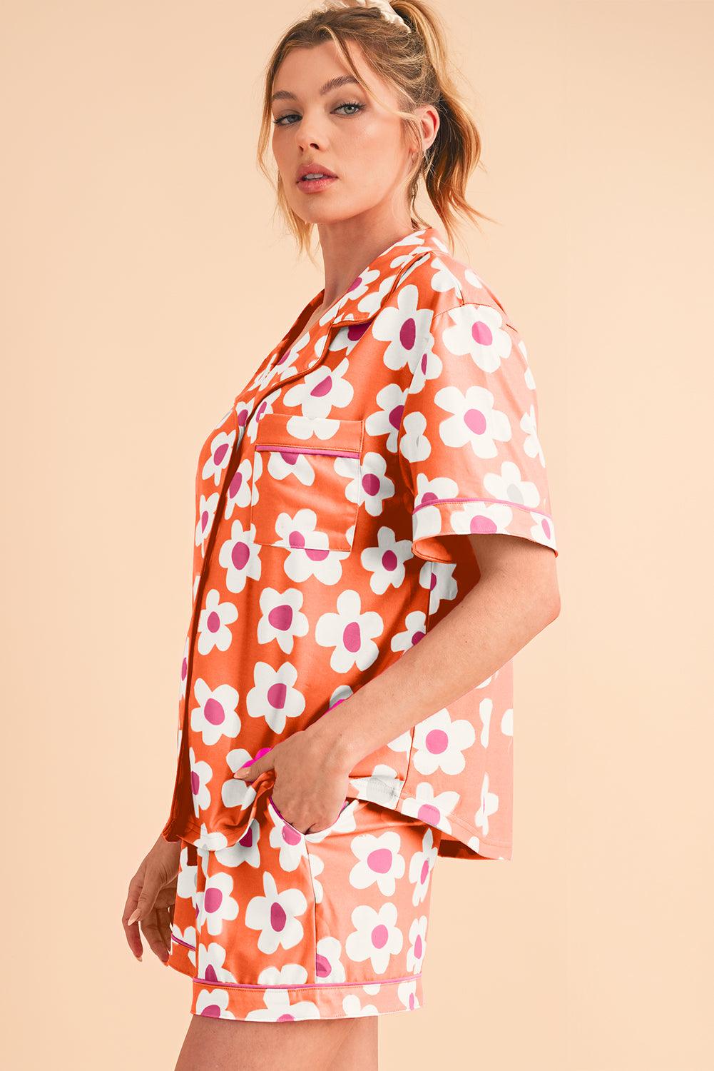 Green Flower Print Buttoned Shirt and Drawstring Waist Pajama Set - The Fair Lady Shop