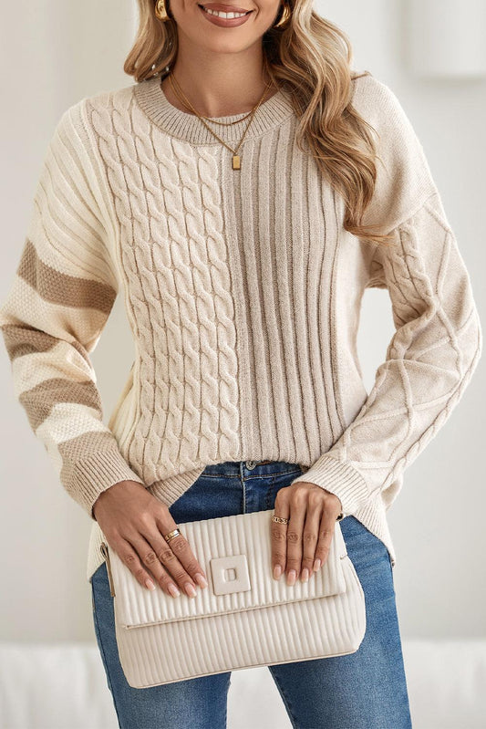 Khaki Cable Knit Colorblock Crew Neck Drop Shoulder Sweater - The Fair Lady Shop