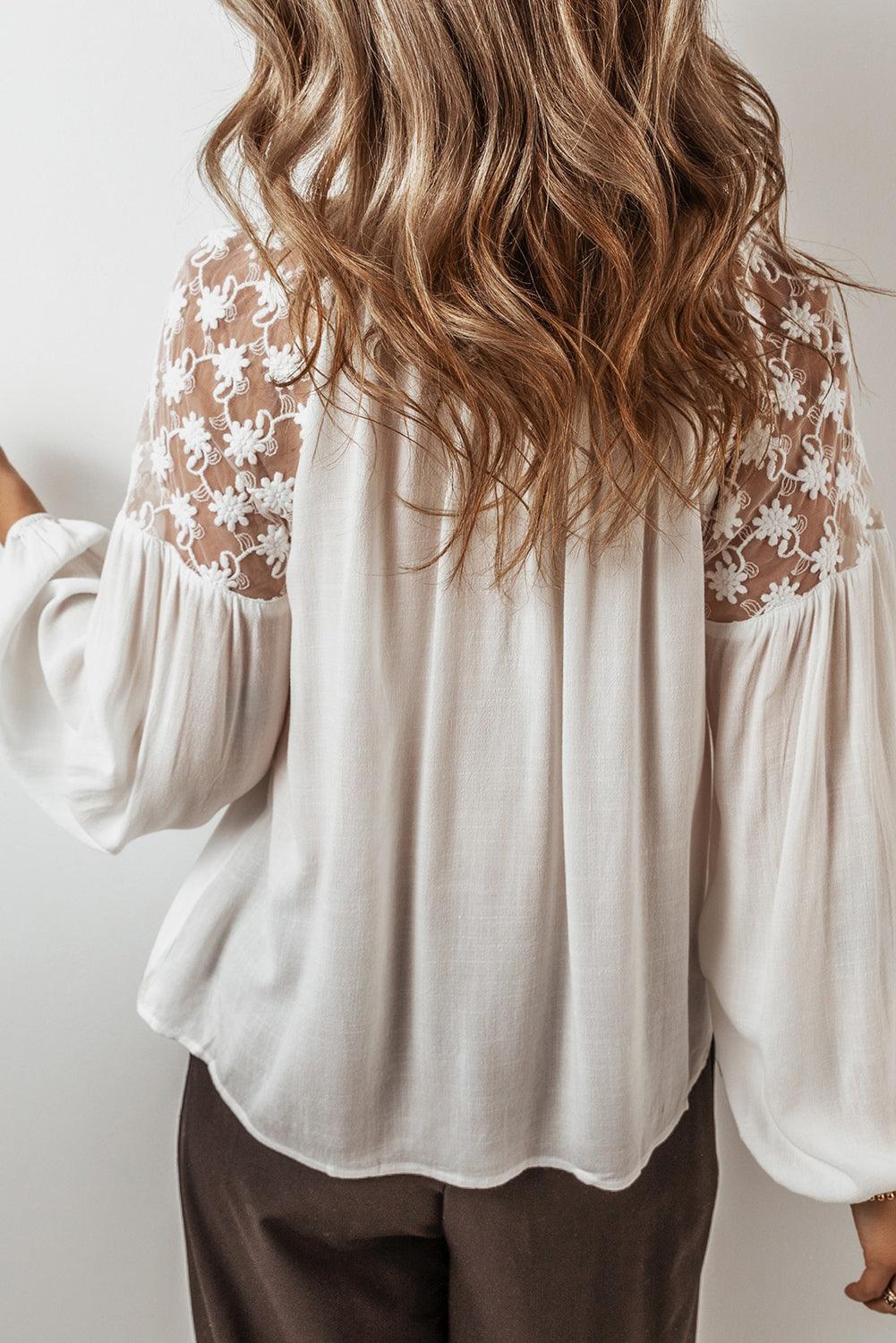 White Floral Lace Patchwork Lantern Sleeve V Neck Blouse - The Fair Lady Shop