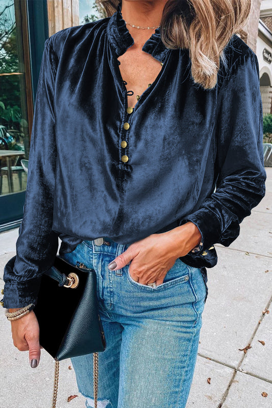 Navy Blue Frilled Buttoned V Neck Velvet Blouse - The Fair Lady Shop