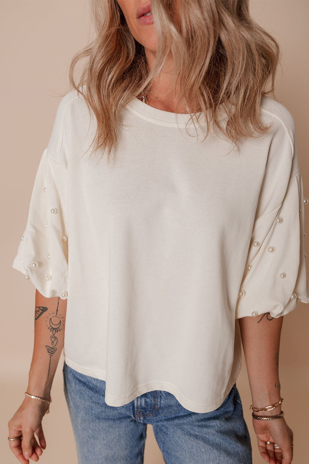 White Pearled Puff Sleeve Round Neck Loose Top - The Fair Lady Shop
