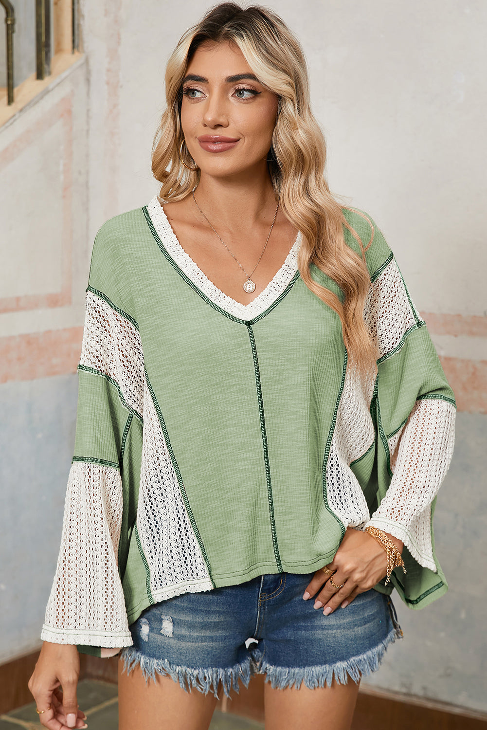 Grass Green Crochet Patchwork Exposed Seam High Low Loose Top - The Fair Lady Shop