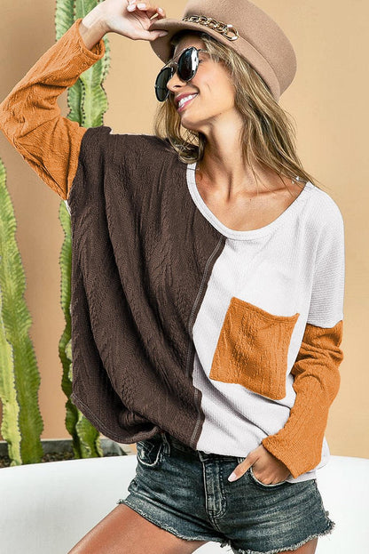 Brown Color Block Textured Chest Pocket Long Sleeve Top - The Fair Lady Shop