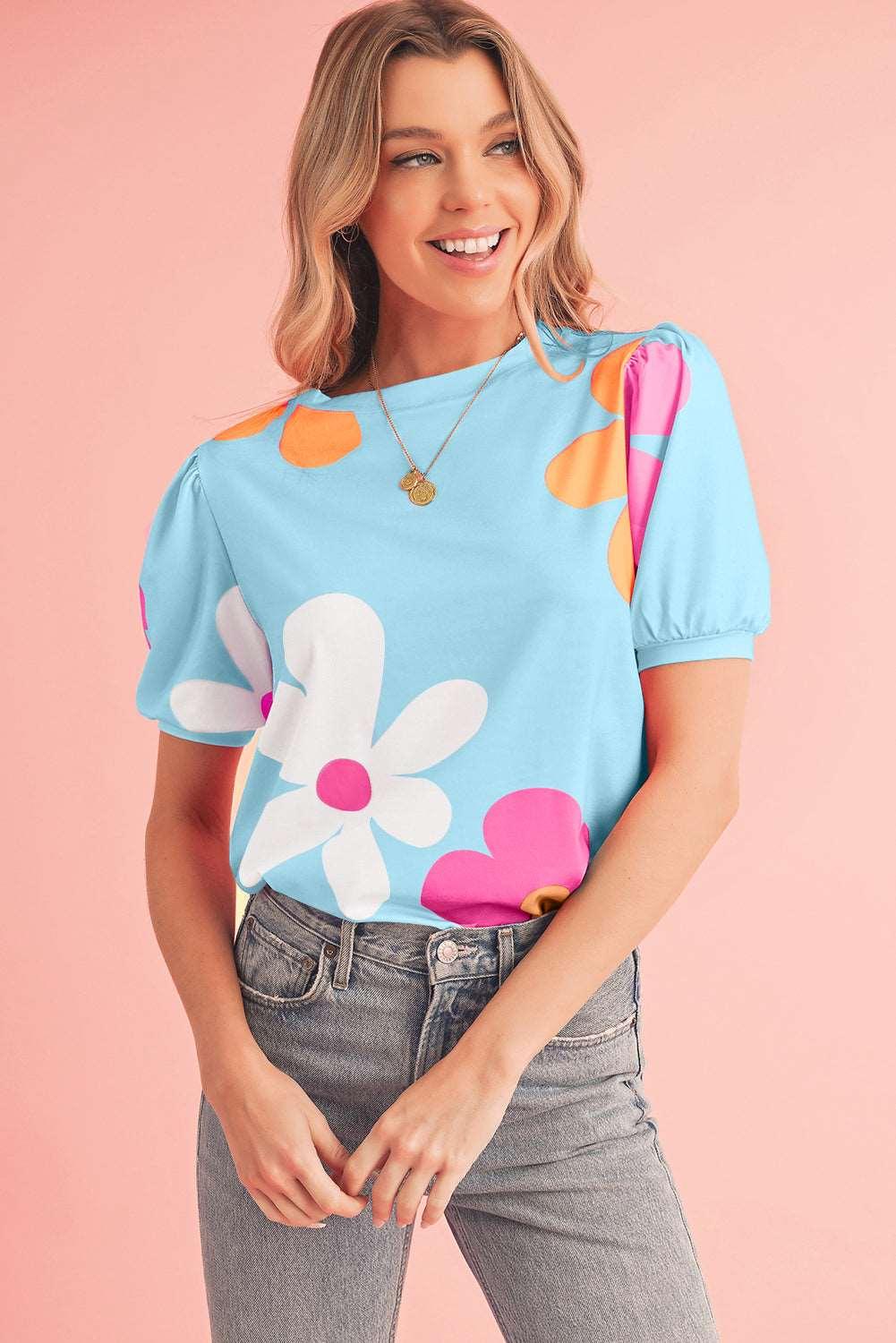 Apricot Colorful Flower Print Bubble Sleeve Tee - The Fair Lady Shop