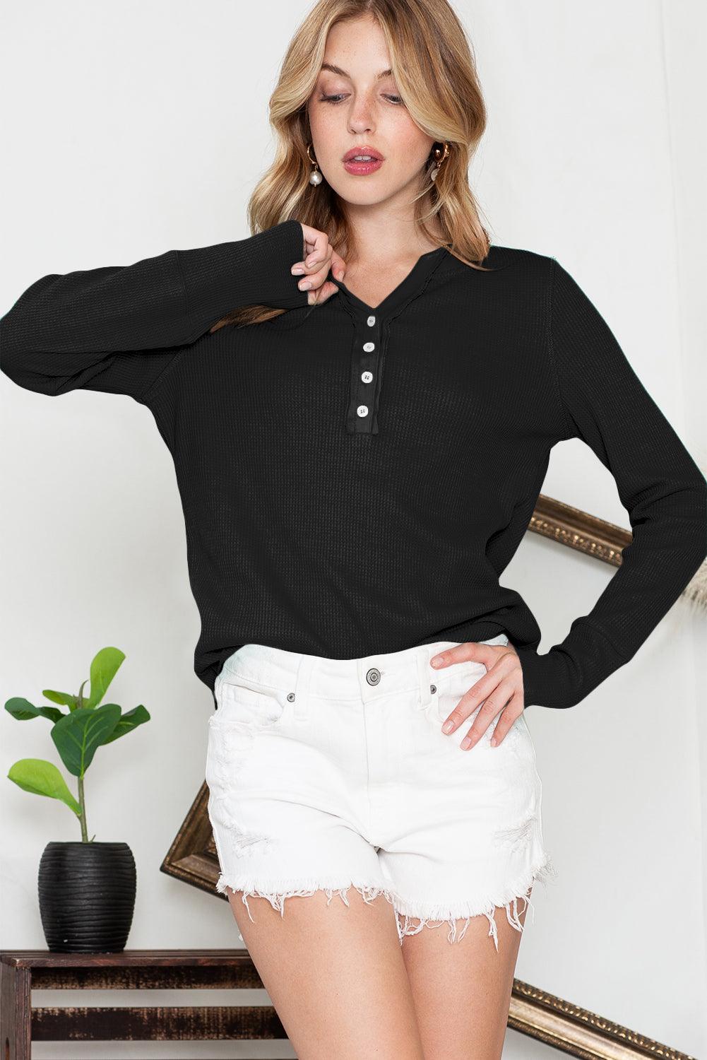 Brown Solid Color Waffle Knit Long Sleeve Henley Shirt - The Fair Lady Shop