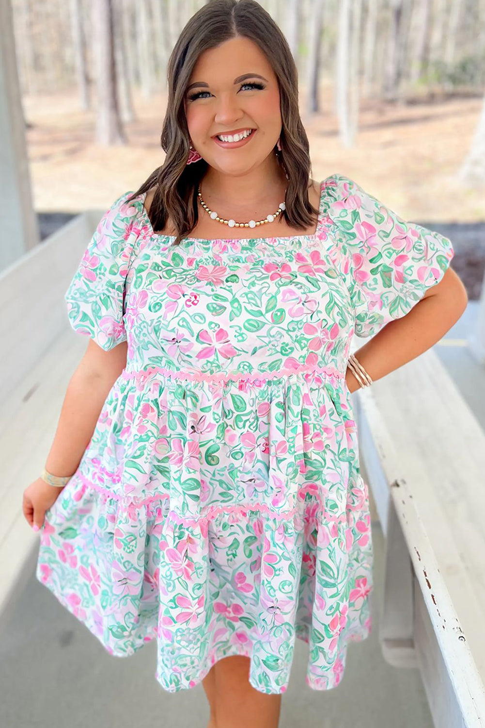 White Floral Print Ric-rac Trim Square Neck Plus Size Mini Dress - The Fair Lady Shop