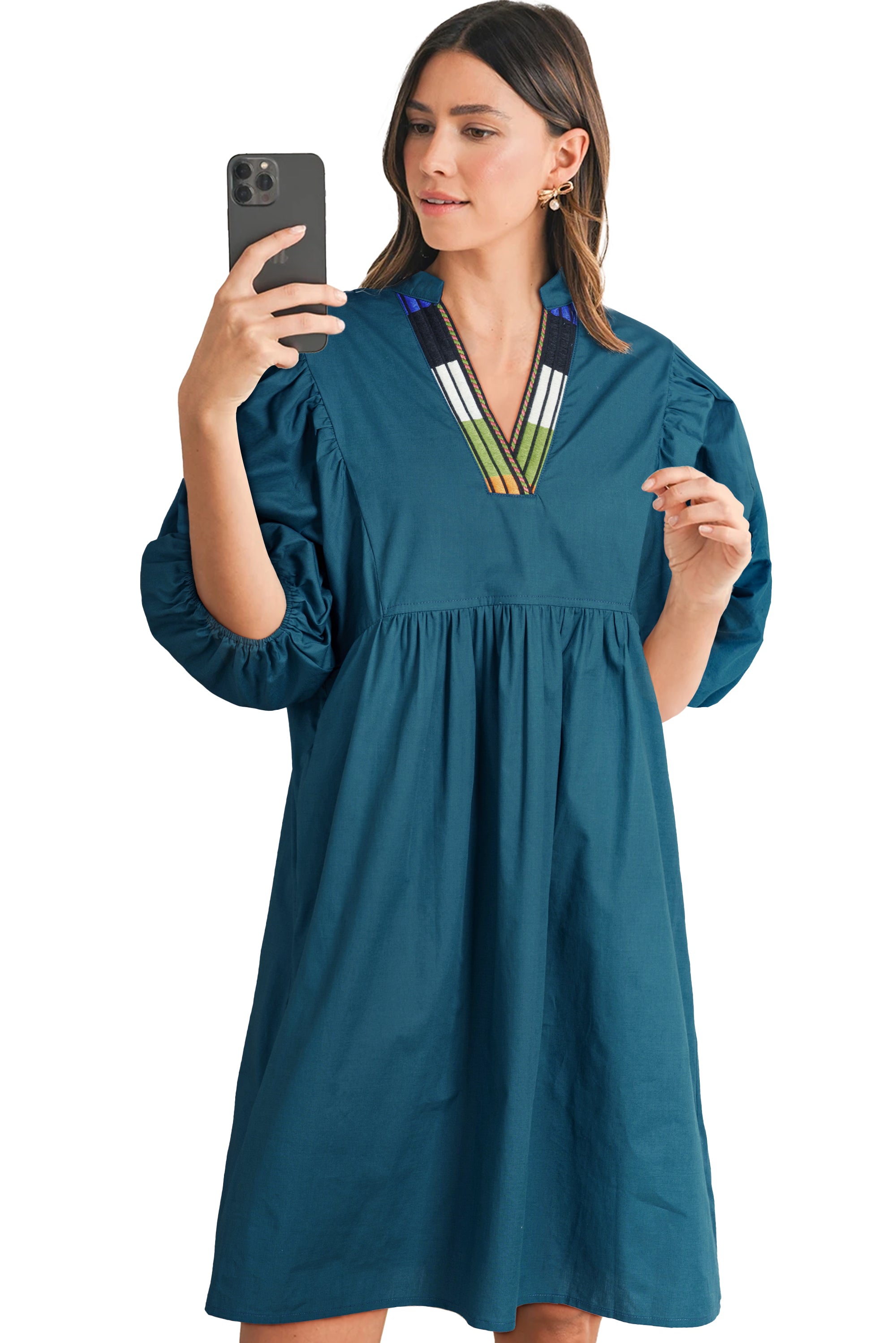 Blue Sapphire Patchwork V Neck Puff Sleeve Pleated Mini Dress - The Fair Lady Shop