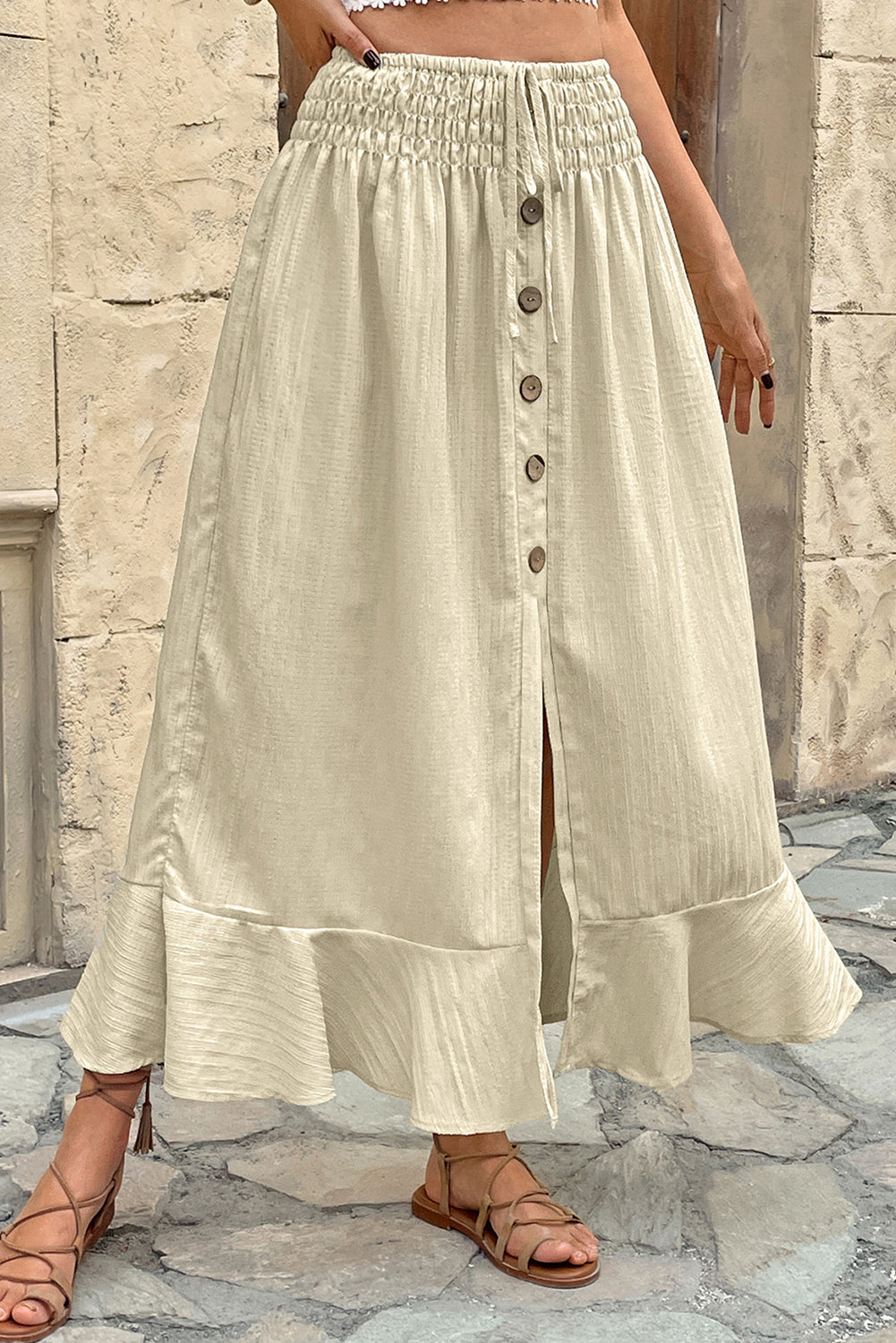 Apricot Drawstring Waist Button Split Skirt - The Fair Lady Shop