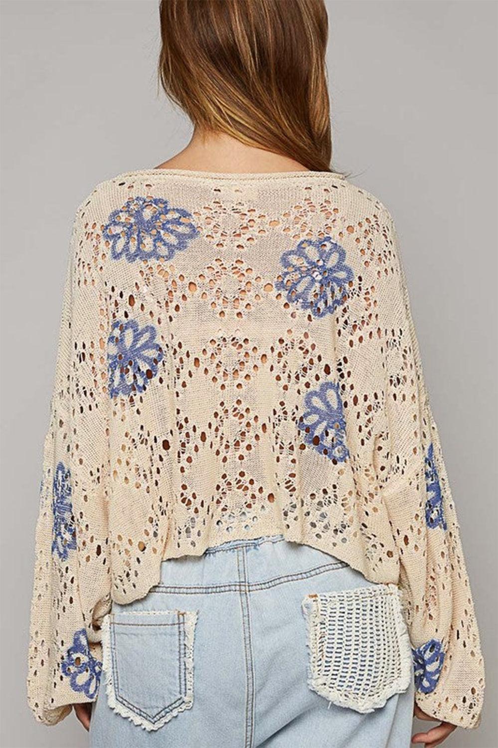 Beige Flower Print Drop Shoulder Hollow Knit Sweater - The Fair Lady Shop