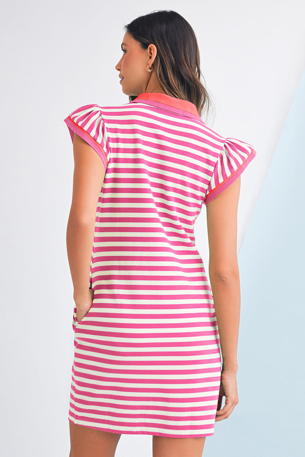 Sachet Pink Striped Ruffle Short Sleeve Pop of Color Neckline Dress - The Fair Lady Shop