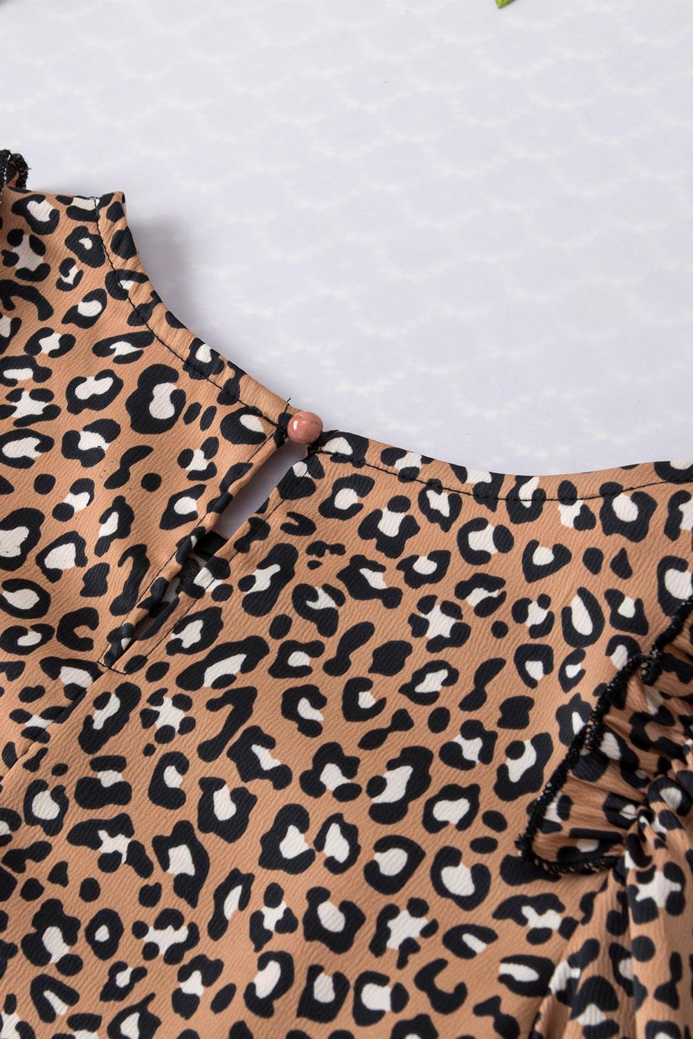 Chestnut Leopard Ruffle Flounce Sleeve Blouse - The Fair Lady Shop