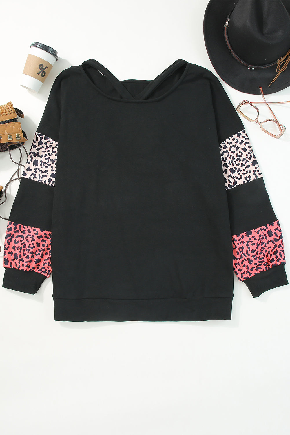 Black Plus Size Leopard Patchwork Strappy Neck Top - The Fair Lady Shop