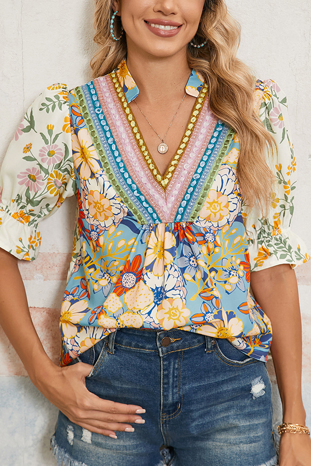 Multicolour Half Sleeve Boho Floral Pop of Color Neckline Blouse - The Fair Lady Shop