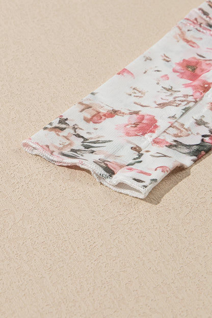 Pink Floral Print Mesh Mock Neck Slim Blouse - The Fair Lady Shop