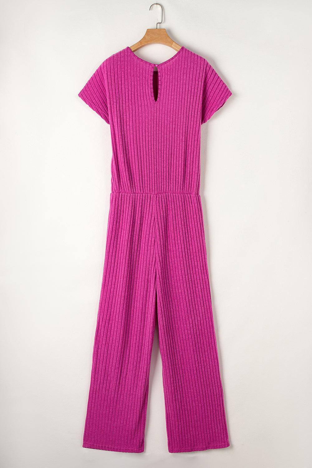 Grass Green Solid Color Ribbed Short Sleeve Wide Leg Jumpsuit - The Fair Lady Shop