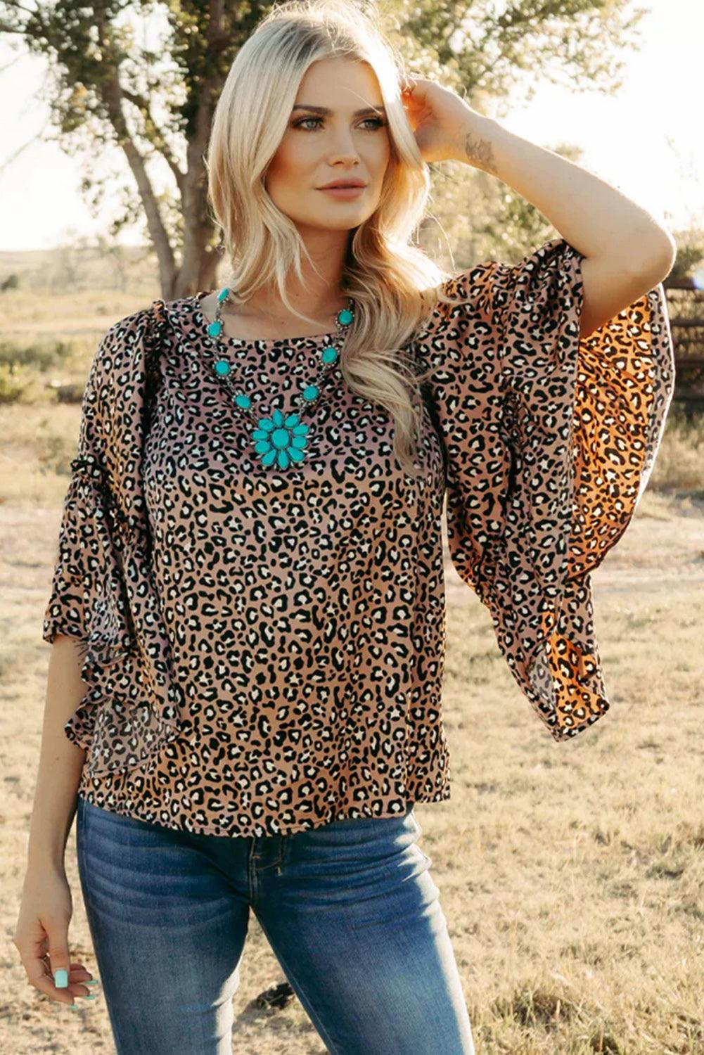 Chestnut Leopard Ruffle Flounce Sleeve Blouse - The Fair Lady Shop