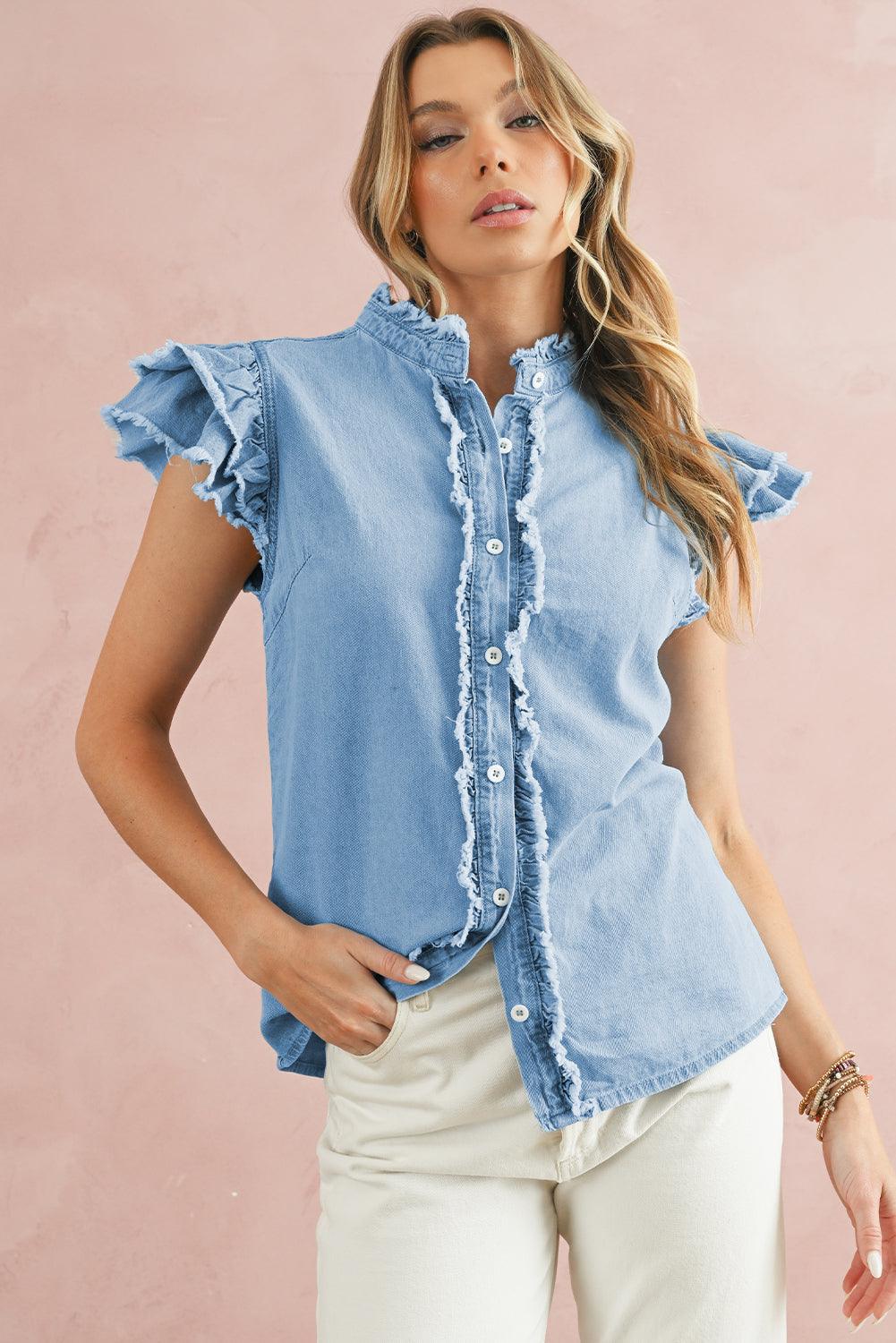 Ashleigh Blue Button Front Ruffled Flutter Frayed Denim Top - The Fair Lady Shop