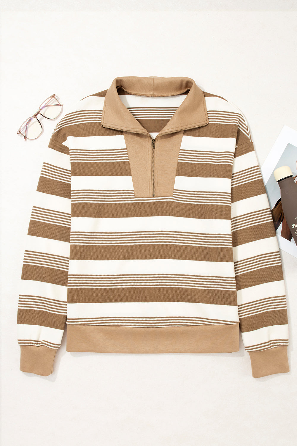 Khaki Striped Pullover Sweatshirt - Cozy Zipper Collar Design