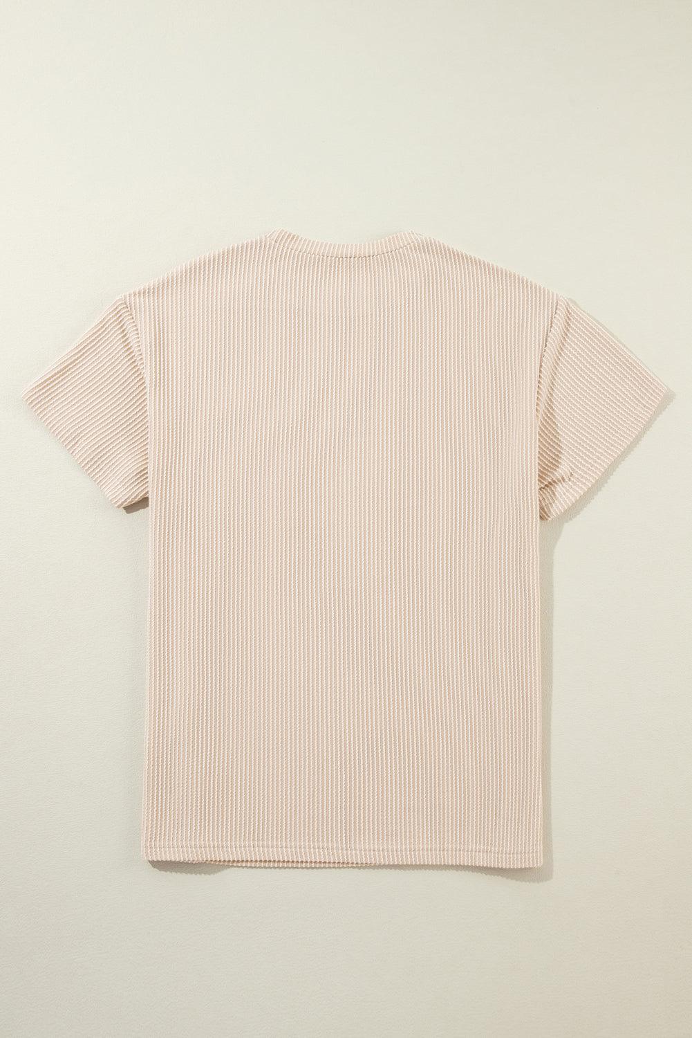 Beige Ribbed Knit Pocketed Loose Fit Crew Neck T Shirt - The Fair Lady Shop