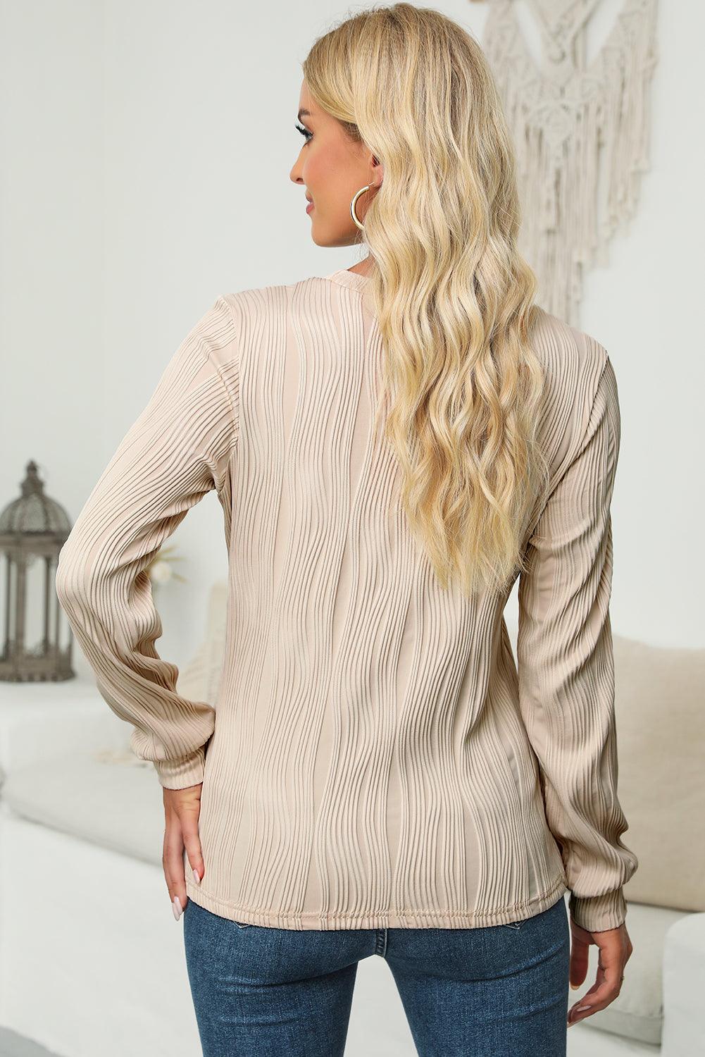 Apricot Wavy Textured Solid Color Drop Shoulder Pullover Top - The Fair Lady Shop