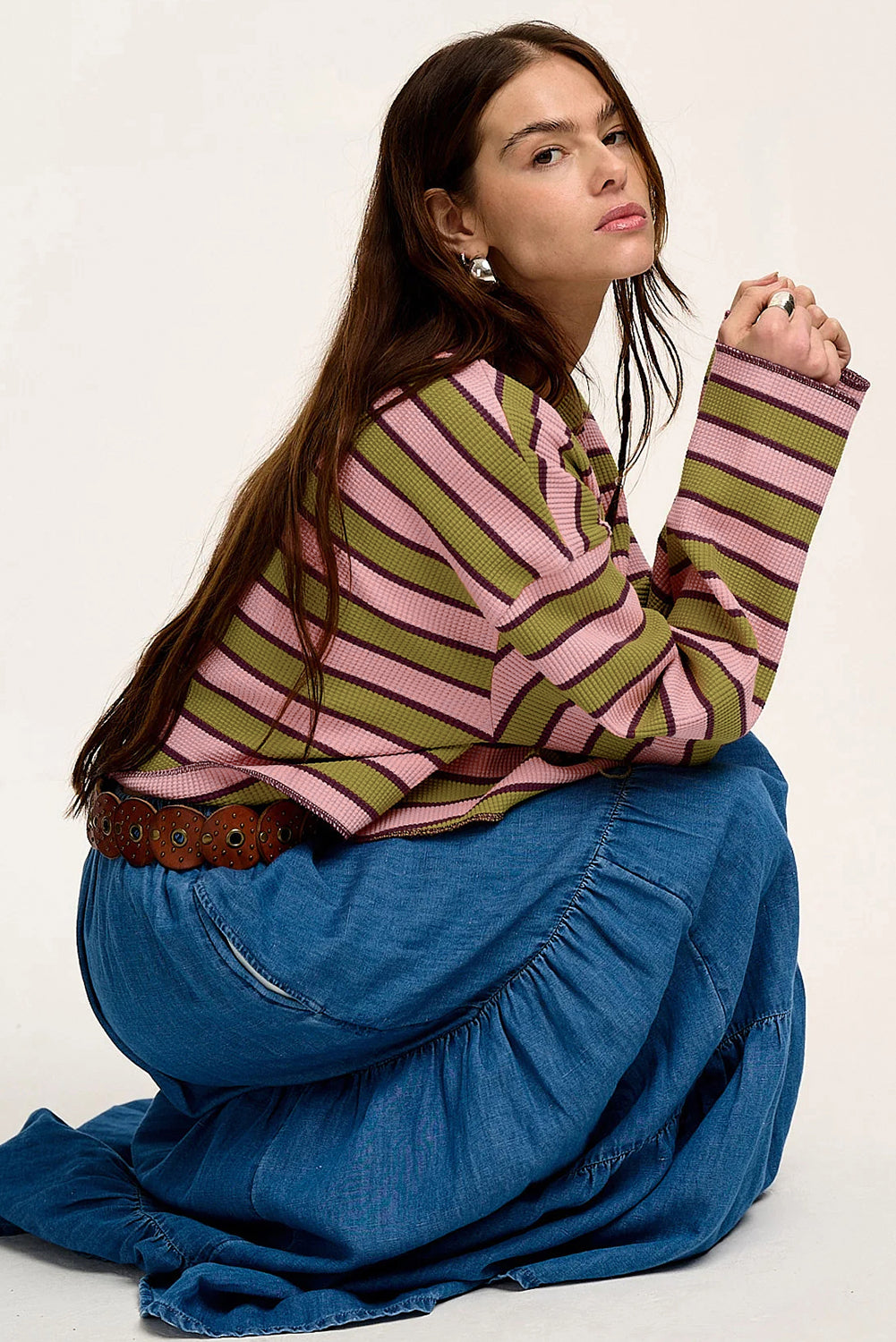 Spinach Green Striped V-Neck Rib-knit Pullover Top - The Fair Lady Shop