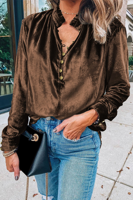 Desert Palm Frilled Neck Buttoned Front Velvet Top - The Fair Lady Shop